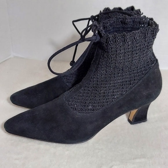 Vintage Shoes - Vintage Y2K Goth Witchcore D'rossana Black Suede Crochet Tie Kitten Heel Booties